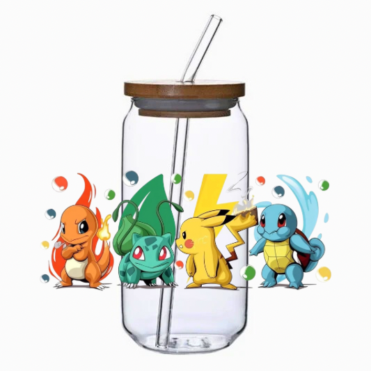 Four 90s cartoon characters on a glass tumbler with a bamboo lid and straw