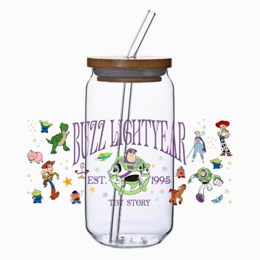 Clear tumbler with the Astro Squad Ranger surrounded by stars and cartoon characters cup wrap on a white background