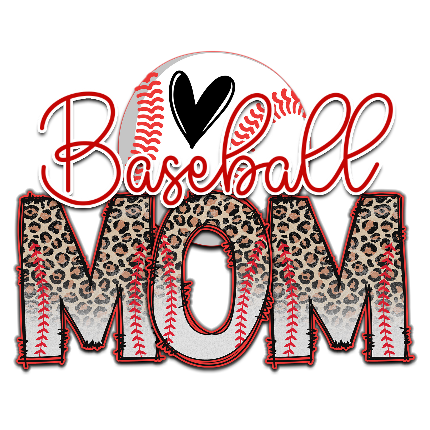 Design with 'Baseball Mom' text featuring a heart and baseball pattern on a white background