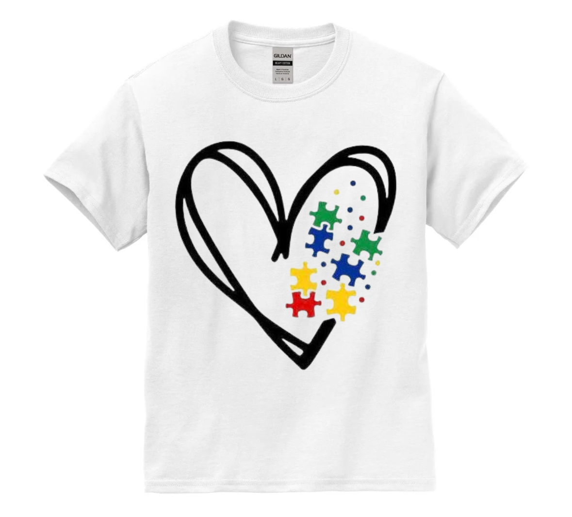 White t-shirt with a heart design featuring colorful puzzle pieces on a white background
