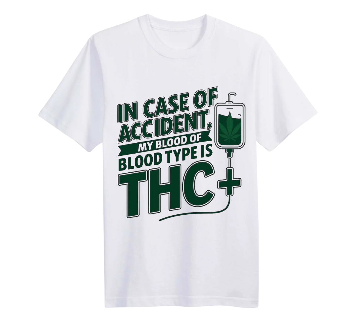 White t-shirt with green and black text and graphics on a white background