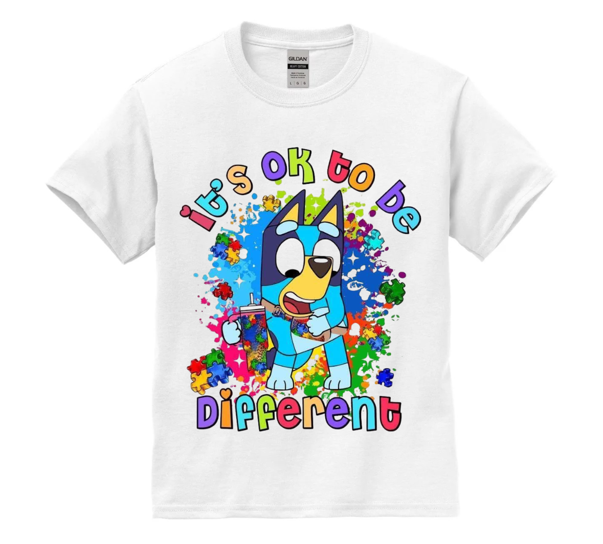 White t-shirt with a colorful graphic of a cartoon character and text on a white background