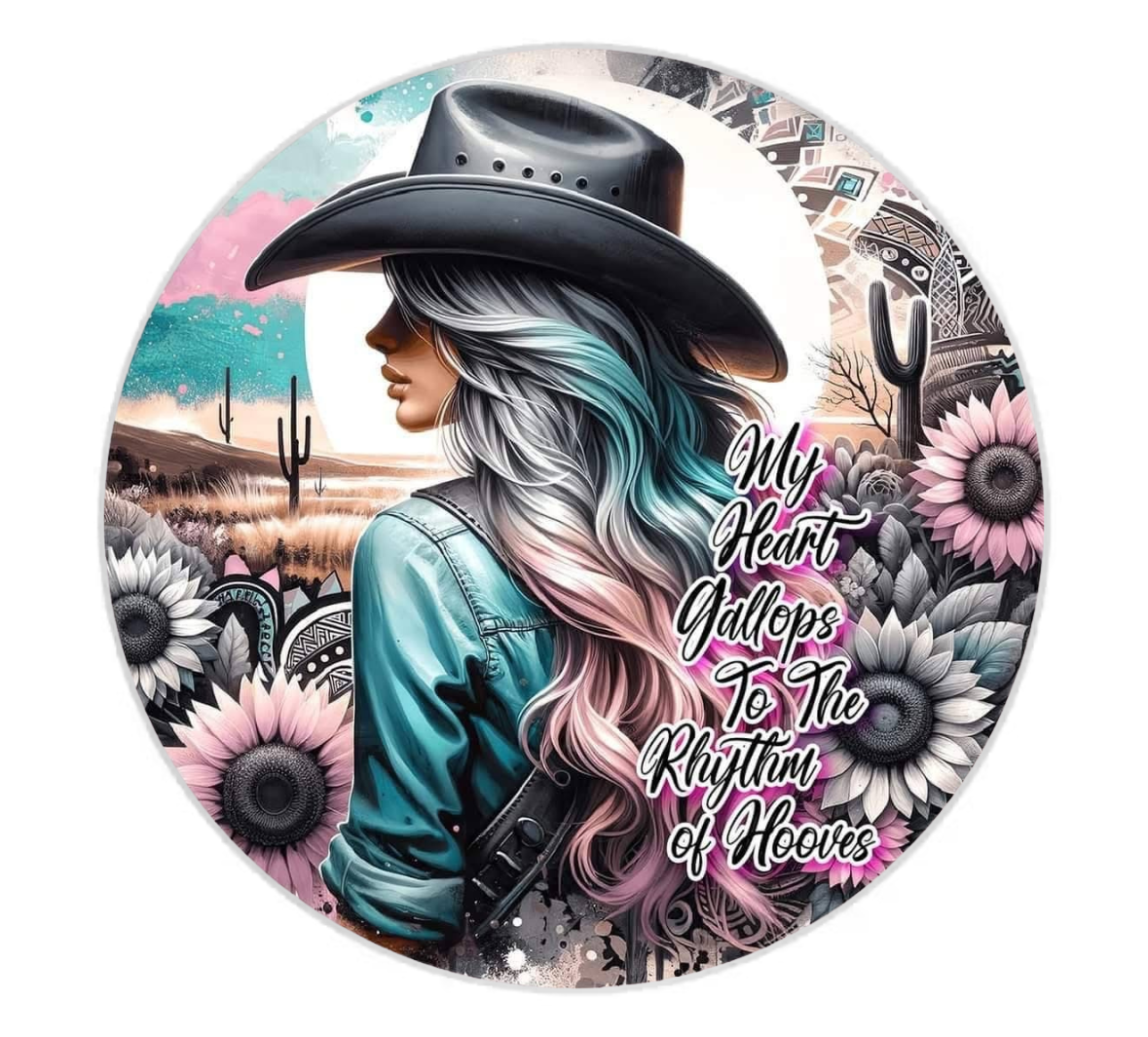 Circular coaster with a woman in a cowboy hat, desert landscape, and floral elements with text.