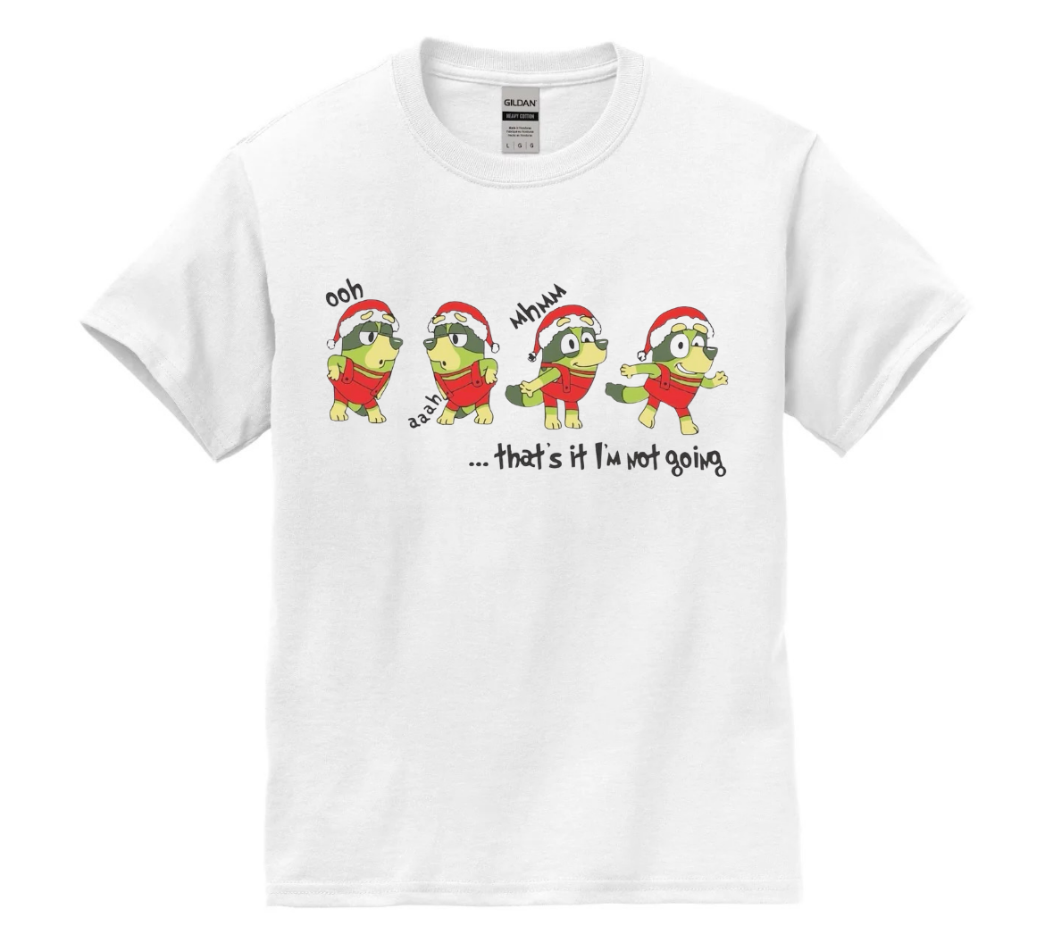 White t-shirt with cartoon characters and text on a white background