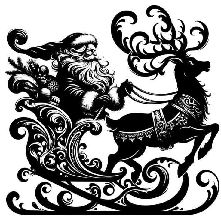 Decorative illustration of Santa Claus in a sleigh pulled by a reindeer, with intricate black designs on a white background.