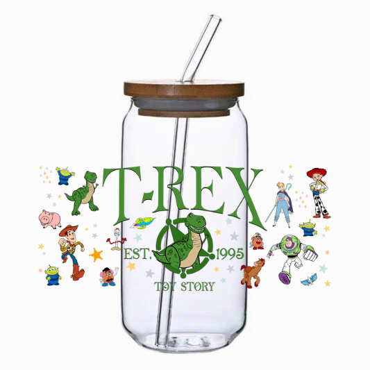 Clear tumbler with a dinosaur and cartoon characters on a white background