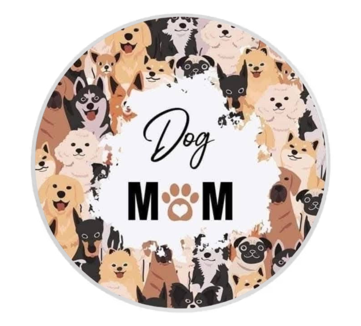 Round coaster with dog illustrations and 'Dog Mom' text on a white background