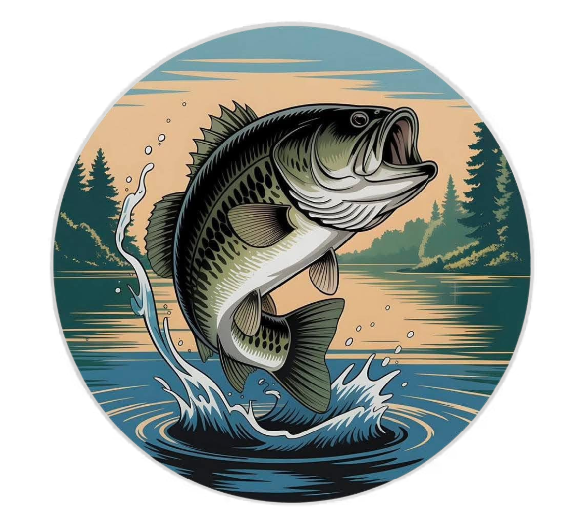 Round coaster of a fish leaping out of water with a scenic background