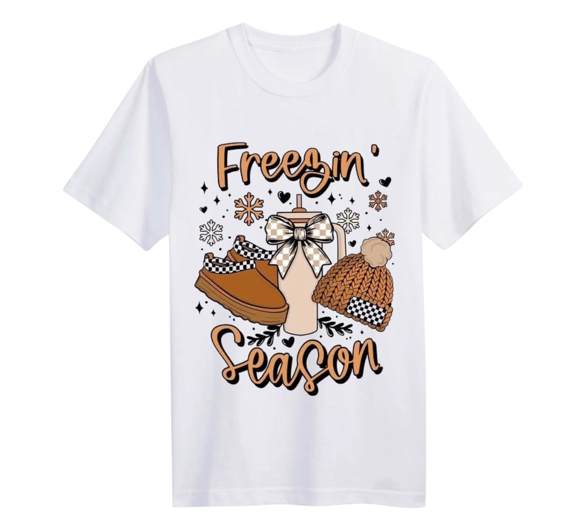 White t-shirt with winter-themed graphic and 'Freezin Season' text on a white background