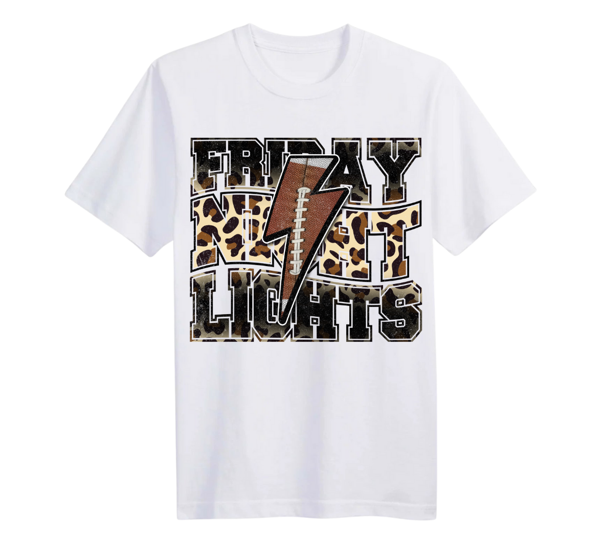 White t-shirt with 'Friday Night Lights' graphic design featuring a football and leopard print text on a white background.