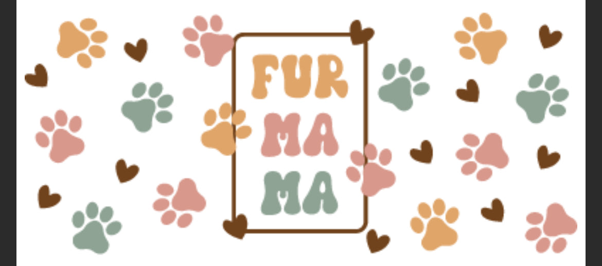 A graphic design featuring multiple paw prints and hearts in various colors with the text 'FUR MAMA' prominently displayed in the center.