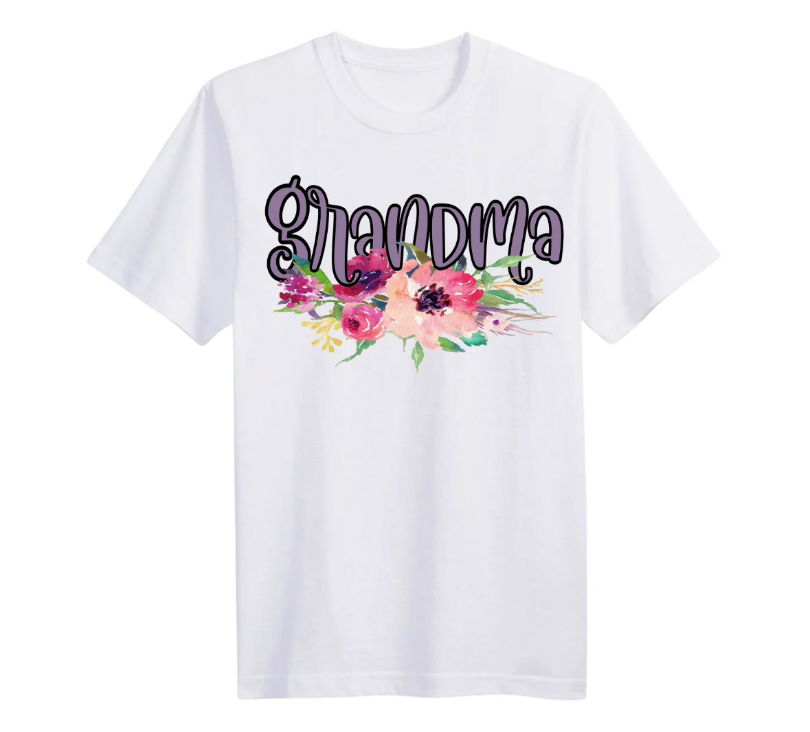 White t-shirt with 'Grandma' and floral design on a white background