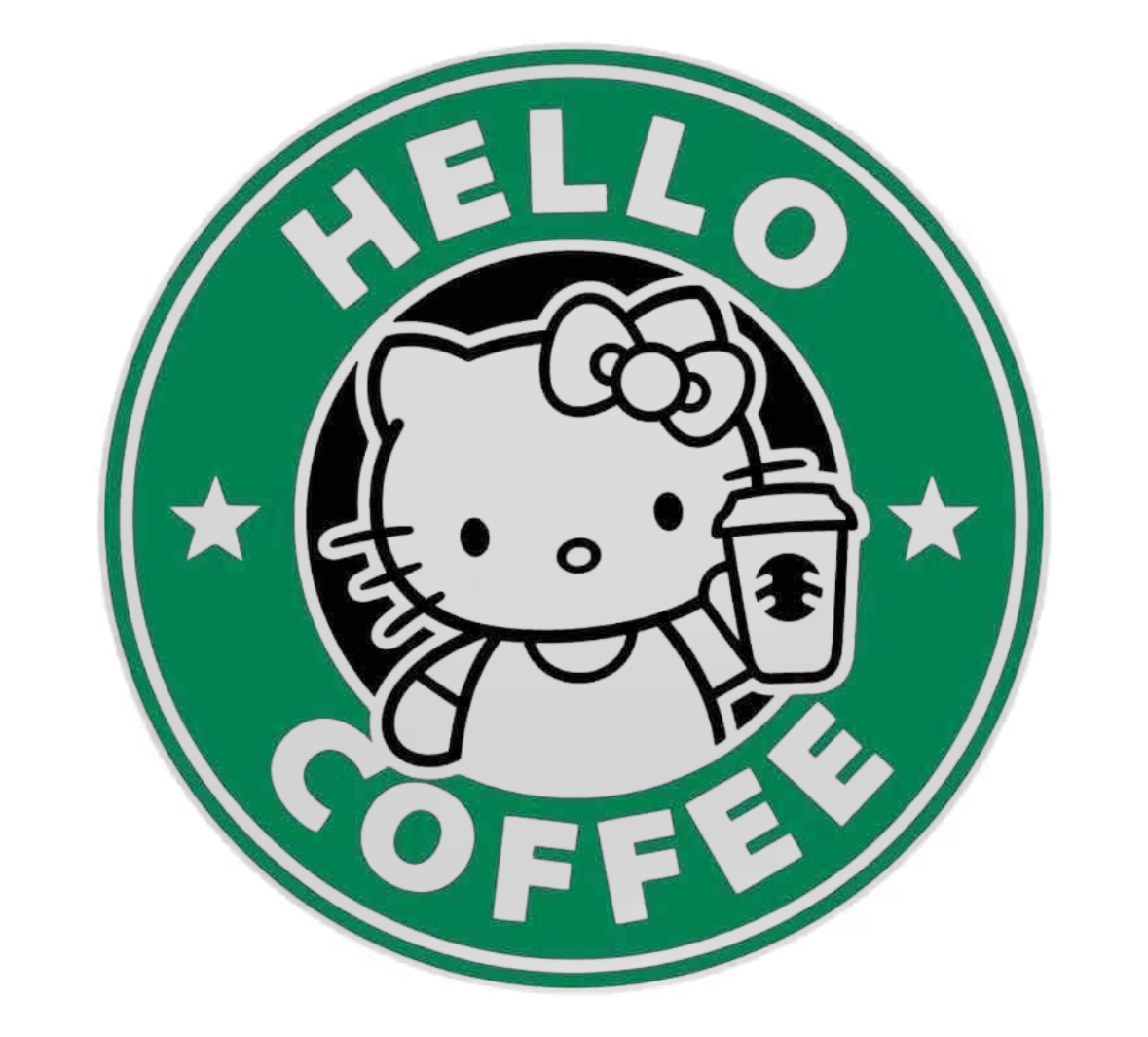 Cat holding a coffee cup with 'HELLO COFFEE' text on a green background