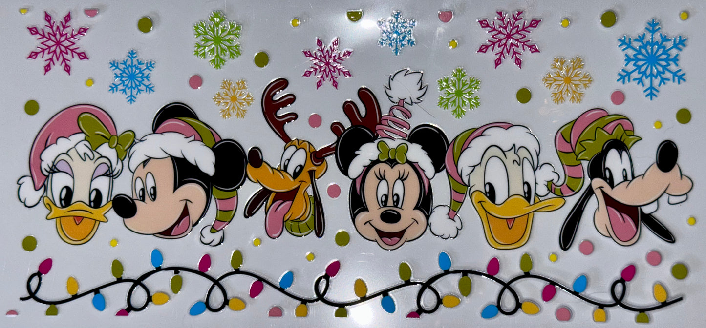 Cartoon characters with Christmas-themed decorations on a white background