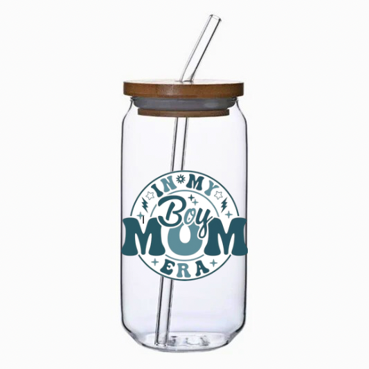 Clear tumbler with the ‘In My Boy Mom Era’ cup decal, bamboo lid, and straw on a white background.
