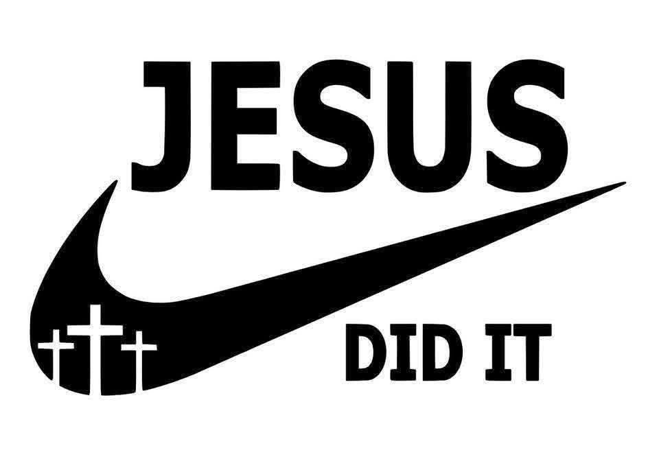 Meme with Nike logo parody featuring 'Jesus Did It' text
