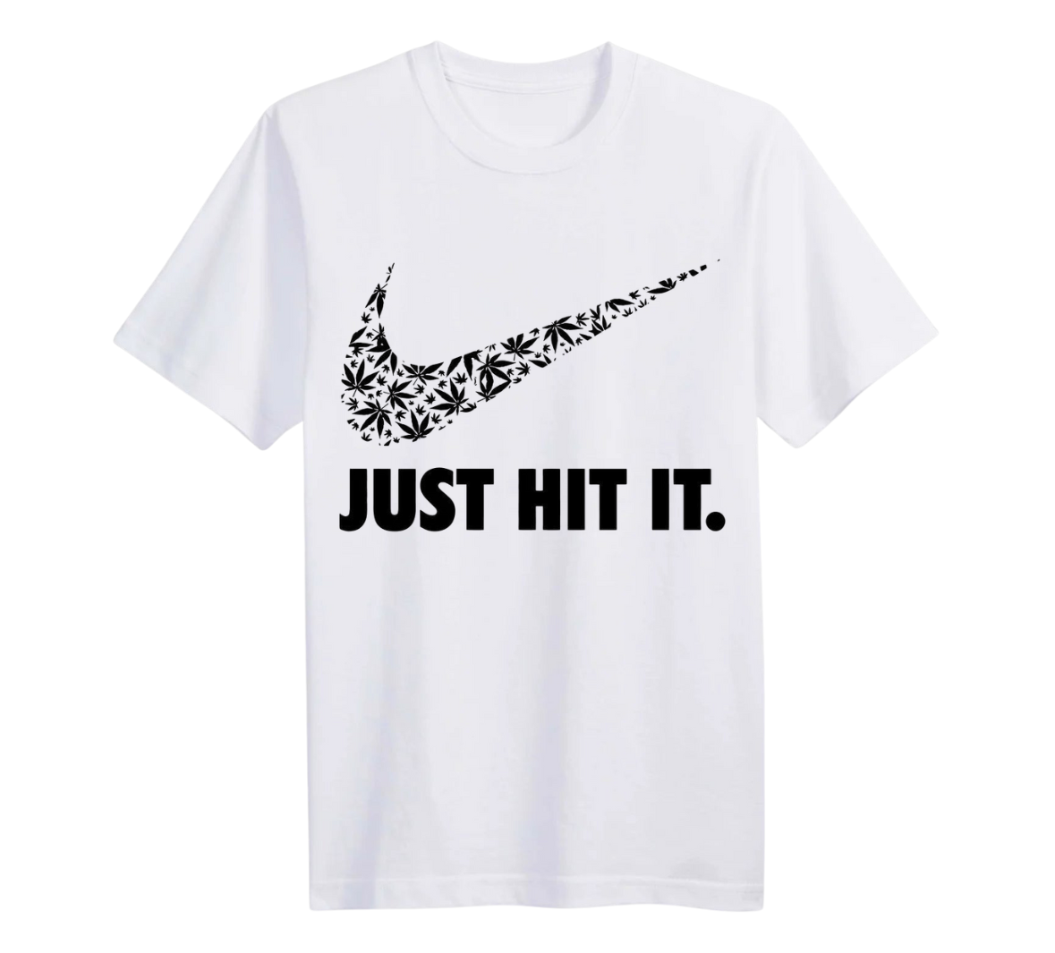 White t-shirt with black logo and 'Just Hit It' text on a white background