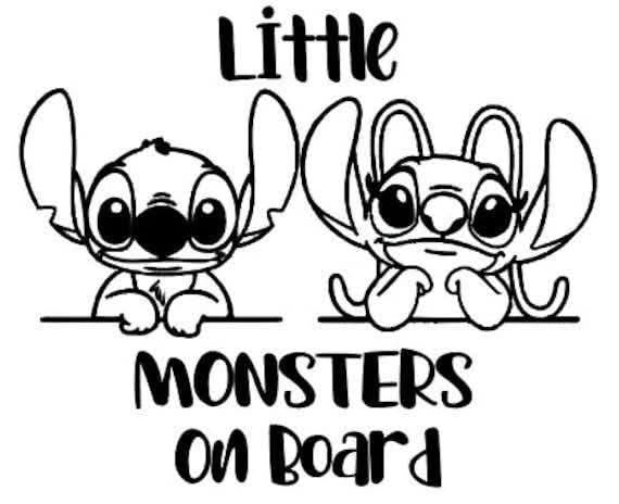 Two cartoon characters with the text 'Little Monsters on Board' on a white background