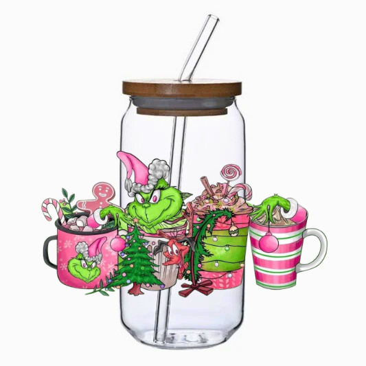 Glass tumbler with bamboo lid and straw, surrounded by festive illustrations including a pink cup with a character, a green character, and a mug.