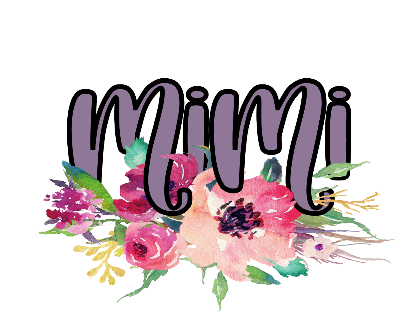 Colorful floral design with the word 'Mimi' on a white background