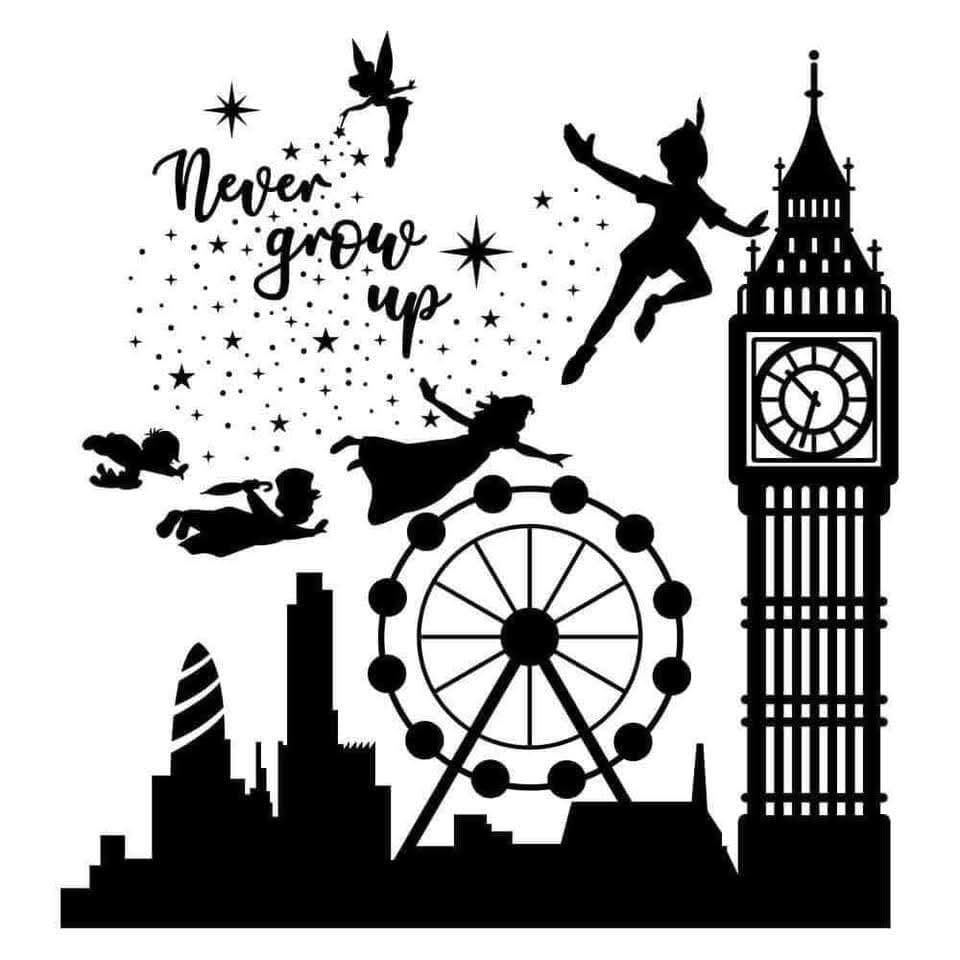 Black silhouette of fairies flying near a clock tower and a Ferris wheel with 'Never Grow Up' text.