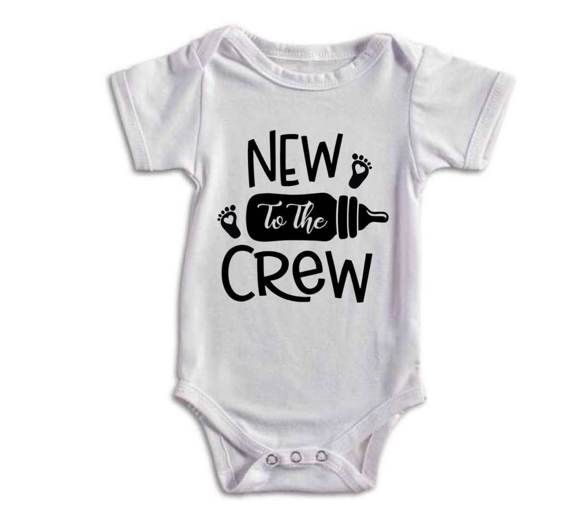 White baby onesie with 'New to the Crew' text on a white background
