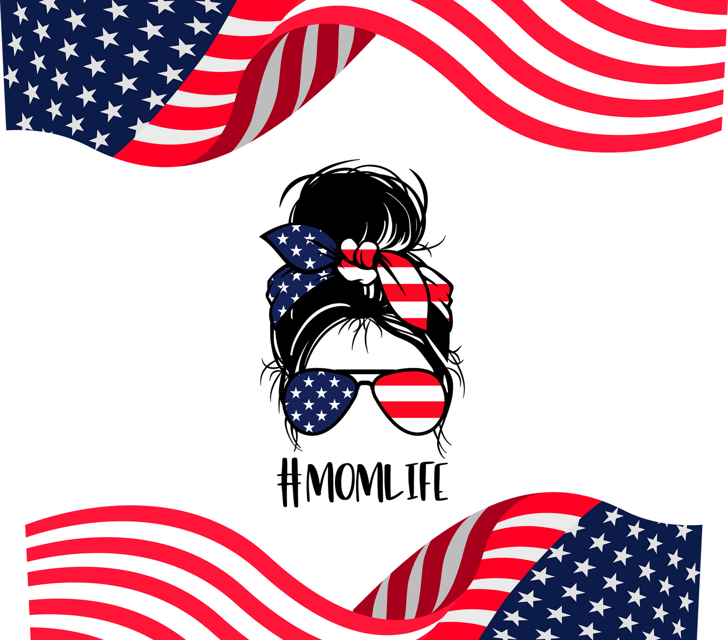 Design with American flag-themed hair accessory and sunglasses, featuring '#MOMLIFE' text.