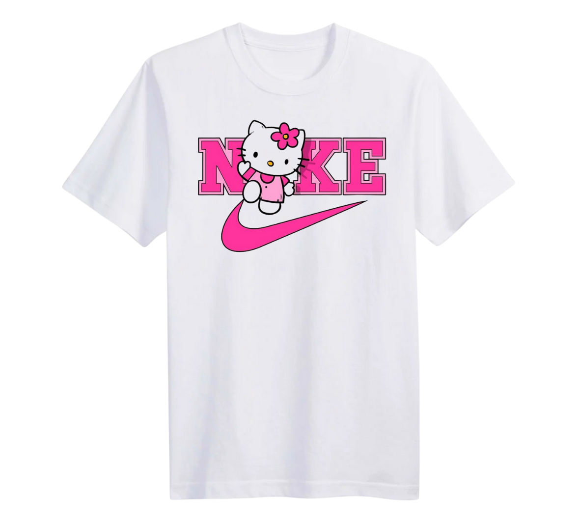White t-shirt with a kitty character wearing a pink outfit on a white background