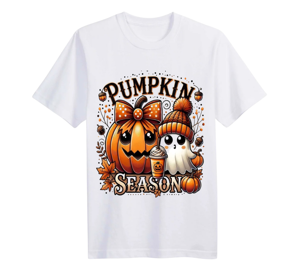 White t-shirt with Halloween-themed design featuring a pumpkin and ghost.