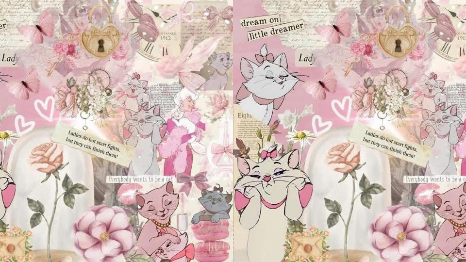Collage of cartoon cats with floral elements and text on a pink background