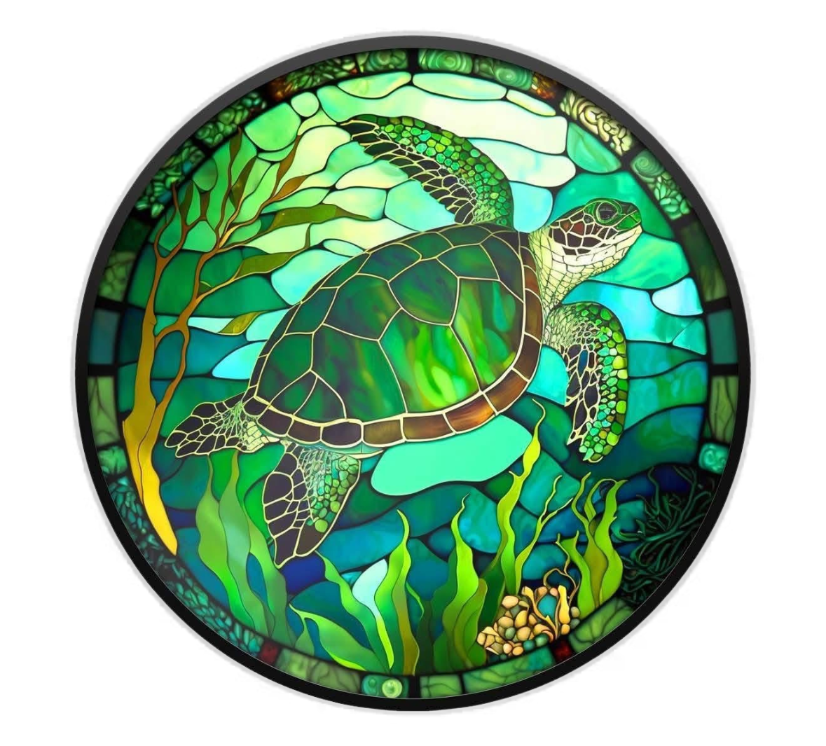 Stained glass artwork of a turtle with underwater scene coaster