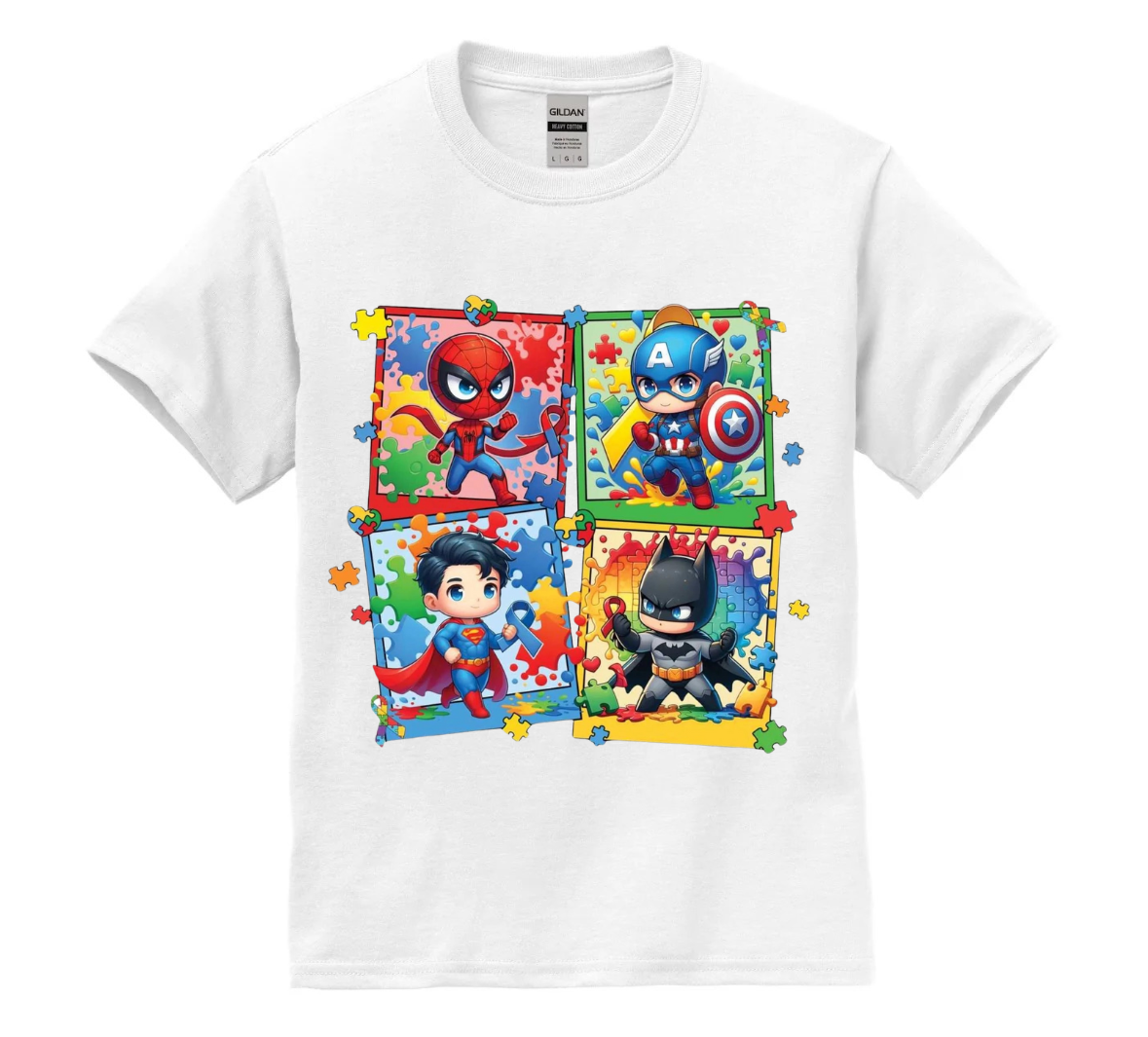 White t-shirt with superhero-themed puzzle design on a white background