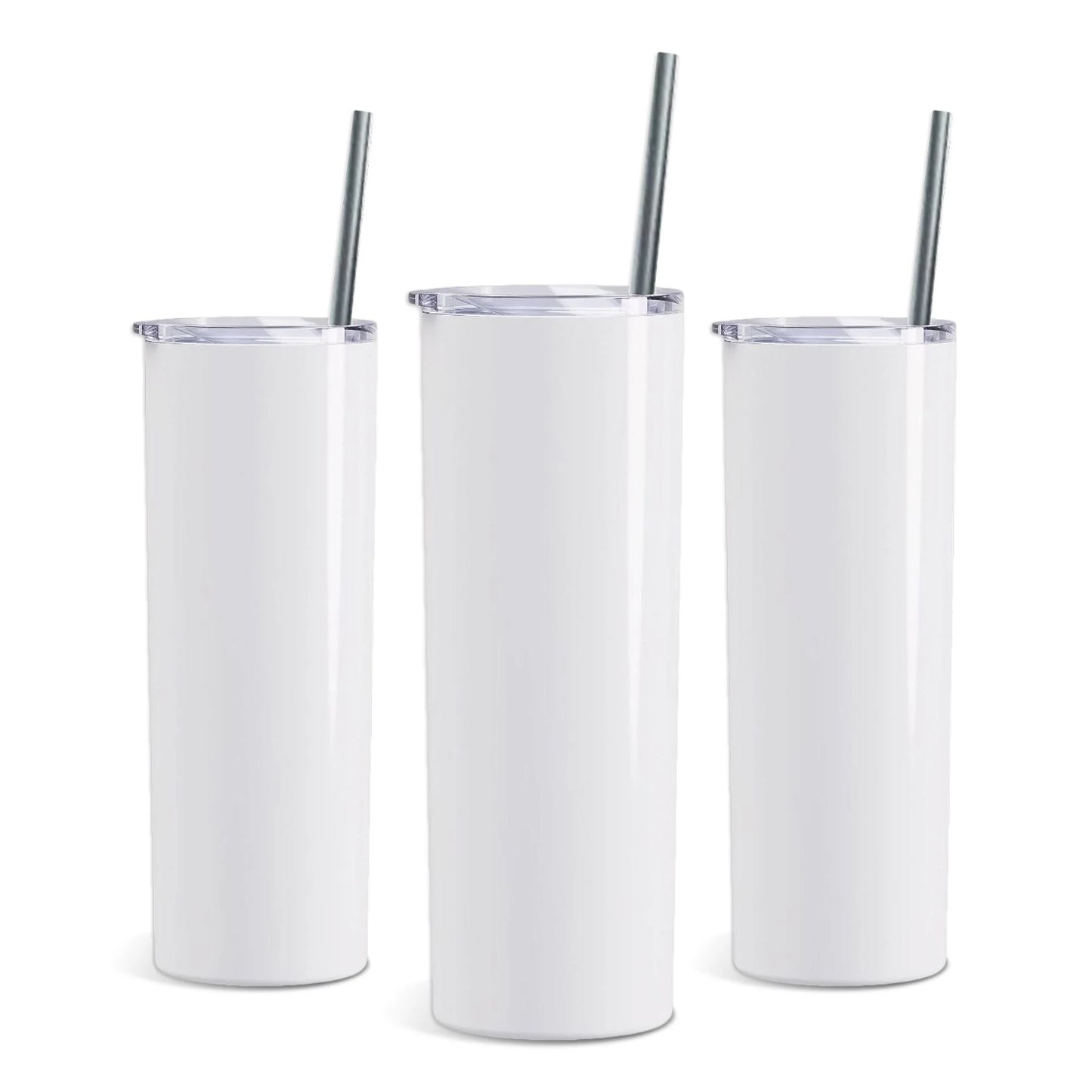 Three white tumblers with straws on a white background
