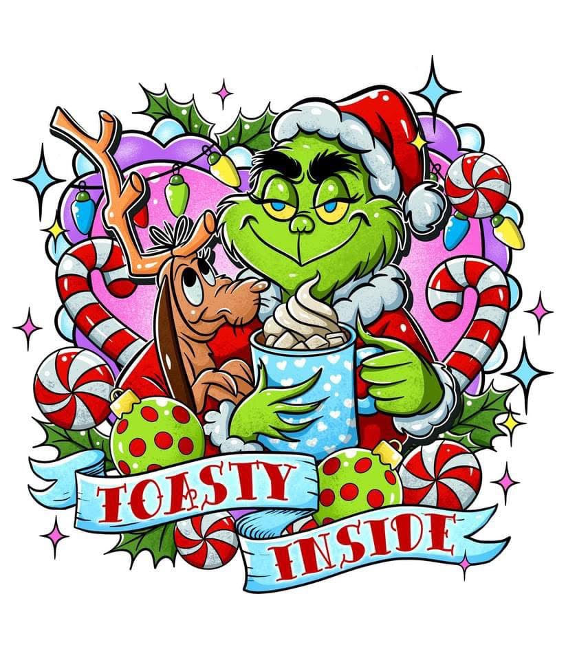 Cartoon character holding a cup with candy and text 'Toasty Inside' on a festive background.