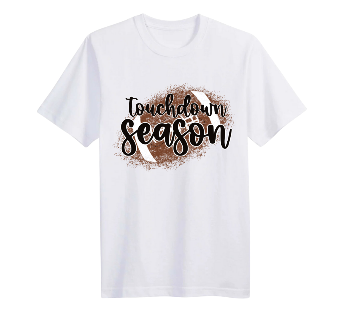 White t-shirt with 'Touchdown Season' text and football graphic on a white background