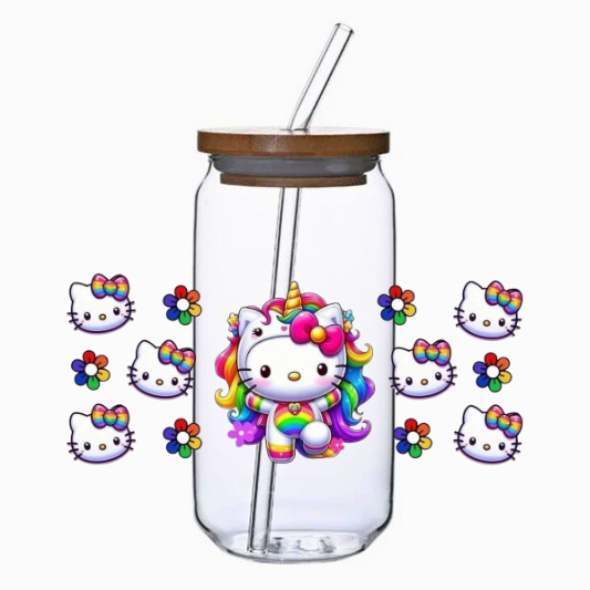 Glass tumbler with a unicorn rainbow kitty design and bamboo lid on a white background.
