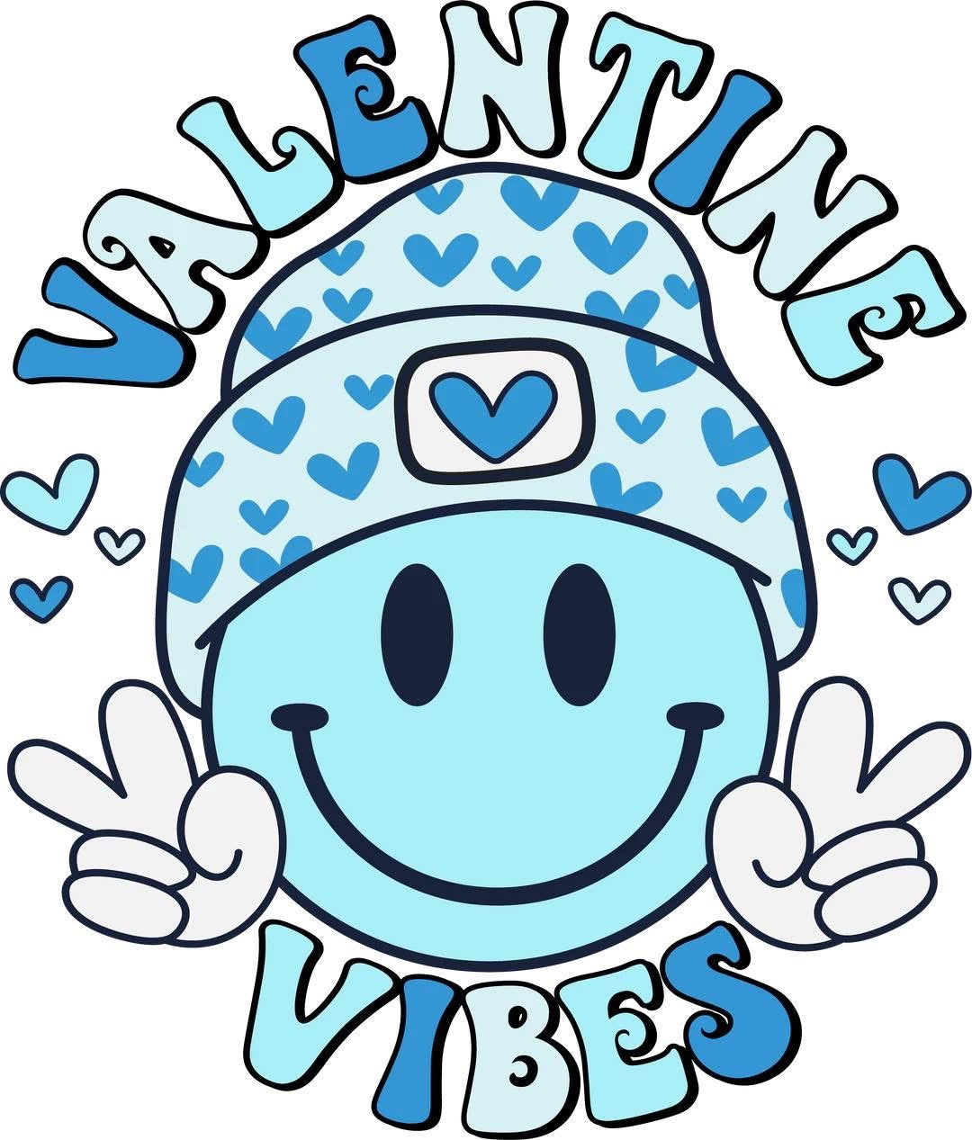 Cartoon character with a heart-patterned beanie and 'Valentine Vibes' text on a white background