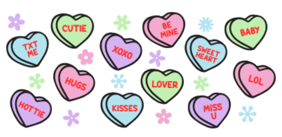 A collection of colorful heart-shaped decals with various affectionate words written on them, such as 'CUTE', 'HUGS', 'Kisses', 'LOVER', 'BABY', 'LOL', and 'Hottie'.