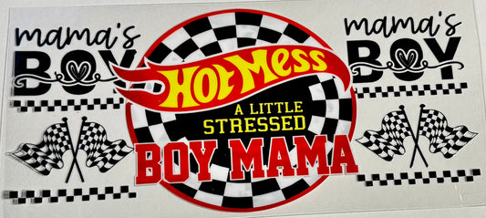 Decorative sticker with text 'mama's boy', 'Hot Mess', 'A Little Stressed Boy Mama', and checkered flags on a white background.