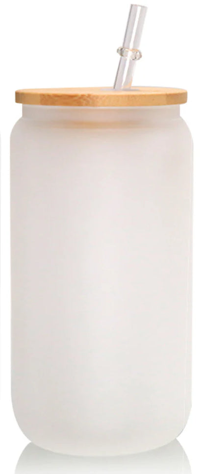 Frosted glass tumbler with bamboo lid and straw on a white background