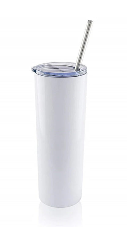 White tumbler with a metal straw on a white background