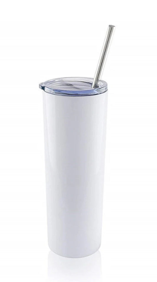 White tumbler with a metal straw on a white background