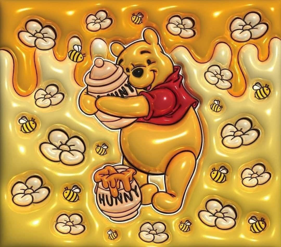 Cartoon bear holding a honey pot on a yellow background with flowers and bees