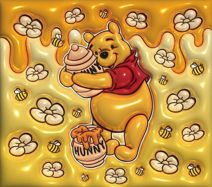 Cartoon bear holding a honey pot on a yellow background with flowers and bees