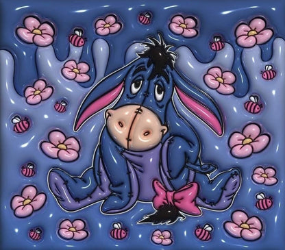 Cartoon donkey character with flowers and bees on a blue background