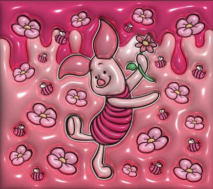 Cartoon character on a pink background with flowers and bees