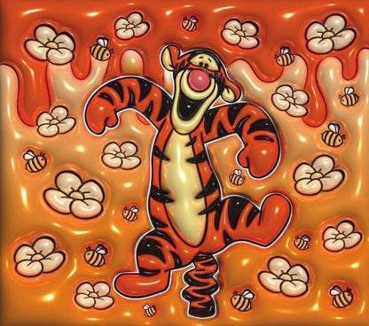 Cartoon tiger character on a bright orange background with flowers and bees