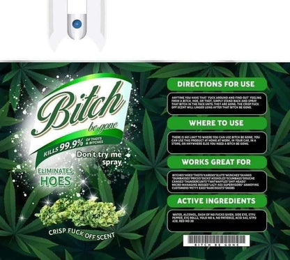 Product packaging with marijuana leaves and offensive text on a green background