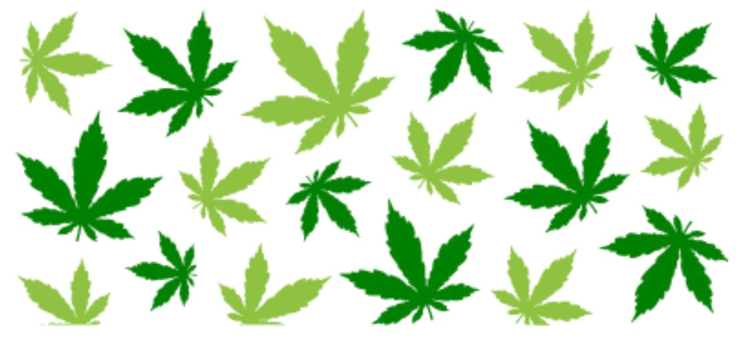 A collection of green cannabis leaf decals arranged in a pattern on a white background.