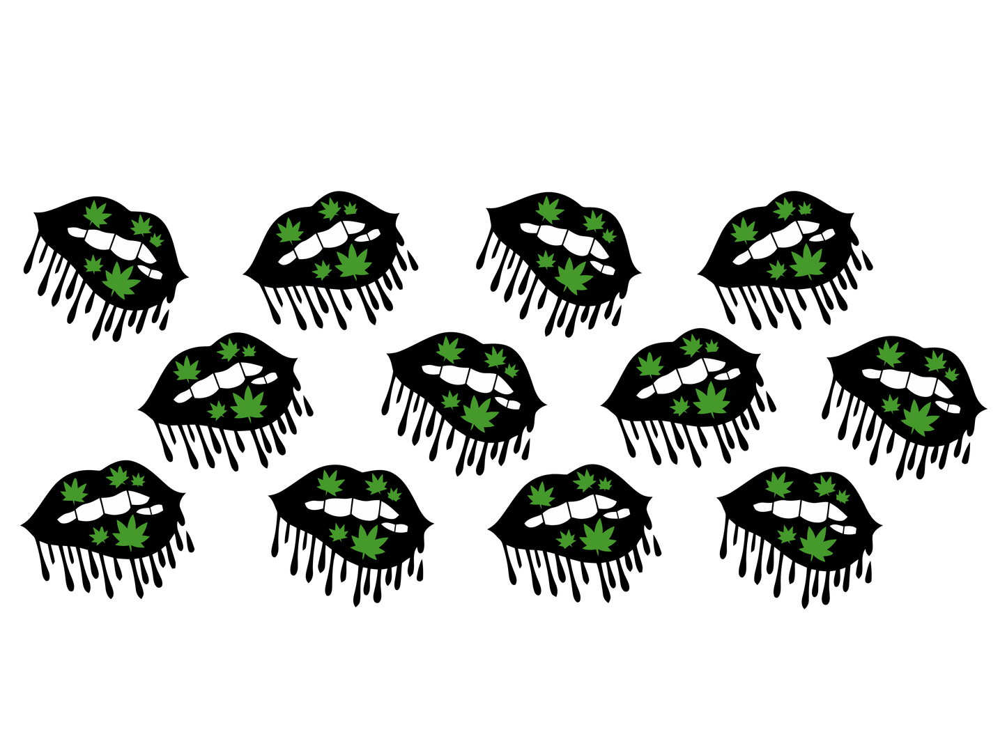 Repeating pattern of lips with cannabis leaf design on a white background